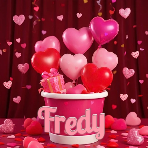 Cubo rosa lleno de globos en forma de corazones rojos y rosas, con pequeños regalos esparcidos sobre un fondo de cortinas de terciopelo rojo que sugieren un ambiente festivo cálido. El nombre Fredy está escrito en el diseño.