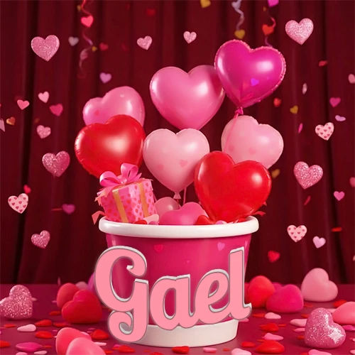 Cubo rosa lleno de globos en forma de corazones rojos y rosas, con pequeños regalos esparcidos sobre un fondo de cortinas de terciopelo rojo que sugieren un ambiente festivo cálido. El nombre Gael está escrito en el diseño.