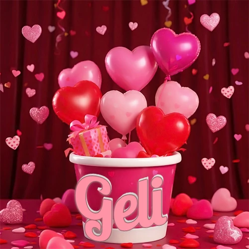 Cubo rosa lleno de globos en forma de corazones rojos y rosas, con pequeños regalos esparcidos sobre un fondo de cortinas de terciopelo rojo que sugieren un ambiente festivo cálido. El nombre Geli está escrito en el diseño.