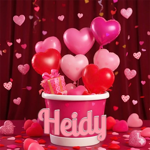 Cubo rosa lleno de globos en forma de corazones rojos y rosas, con pequeños regalos esparcidos sobre un fondo de cortinas de terciopelo rojo que sugieren un ambiente festivo cálido. El nombre Heidy está escrito en el diseño.