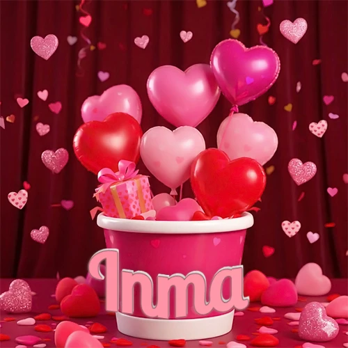 Cubo rosa lleno de globos en forma de corazones rojos y rosas, con pequeños regalos esparcidos sobre un fondo de cortinas de terciopelo rojo que sugieren un ambiente festivo cálido. El nombre Inma está escrito en el diseño.