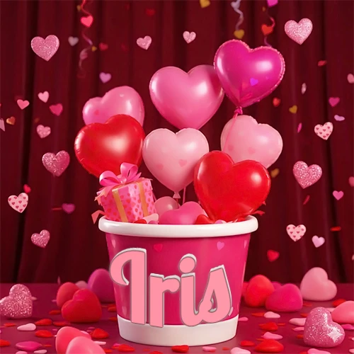 Cubo rosa lleno de globos en forma de corazones rojos y rosas, con pequeños regalos esparcidos sobre un fondo de cortinas de terciopelo rojo que sugieren un ambiente festivo cálido. El nombre Iris está escrito en el diseño.