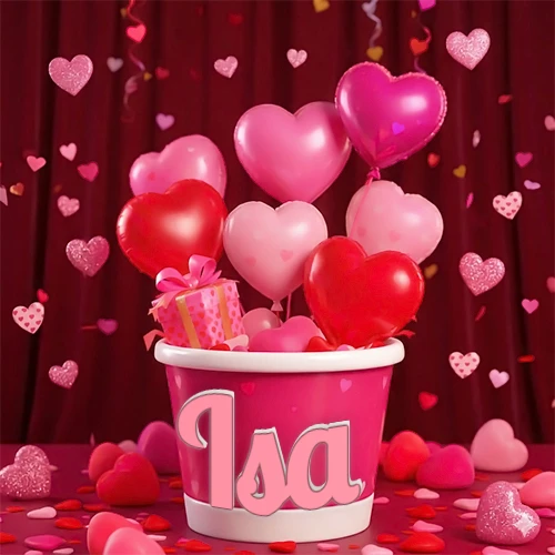 Cubo rosa lleno de globos en forma de corazones rojos y rosas, con pequeños regalos esparcidos sobre un fondo de cortinas de terciopelo rojo que sugieren un ambiente festivo cálido. El nombre Isa está escrito en el diseño.