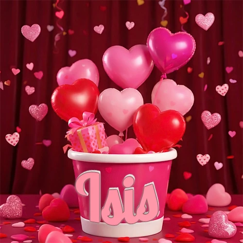 Cubo rosa lleno de globos en forma de corazones rojos y rosas, con pequeños regalos esparcidos sobre un fondo de cortinas de terciopelo rojo que sugieren un ambiente festivo cálido. El nombre Isis está escrito en el diseño.