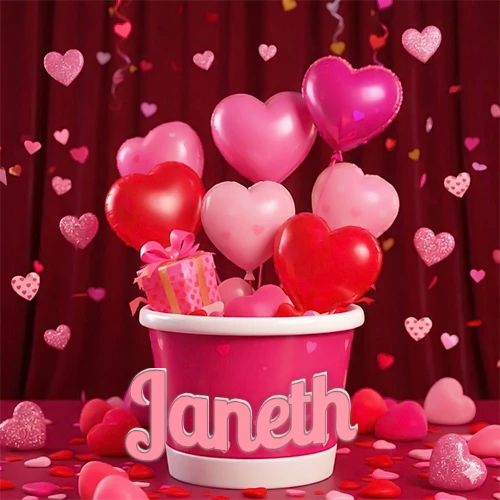 Cubo rosa lleno de globos en forma de corazones rojos y rosas, con pequeños regalos esparcidos sobre un fondo de cortinas de terciopelo rojo que sugieren un ambiente festivo cálido. El nombre Janeth está escrito en el diseño.