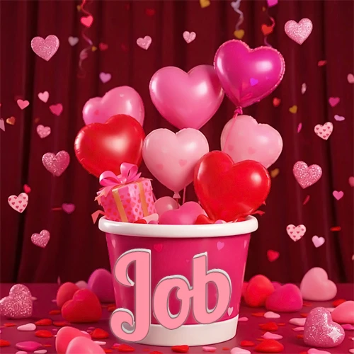 Cubo rosa lleno de globos en forma de corazones rojos y rosas, con pequeños regalos esparcidos sobre un fondo de cortinas de terciopelo rojo que sugieren un ambiente festivo cálido. El nombre Job está escrito en el diseño.