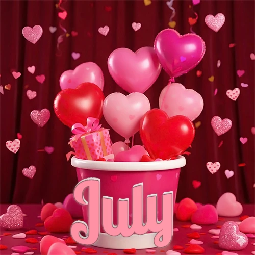 Cubo rosa lleno de globos en forma de corazones rojos y rosas, con pequeños regalos esparcidos sobre un fondo de cortinas de terciopelo rojo que sugieren un ambiente festivo cálido. El nombre July está escrito en el diseño.