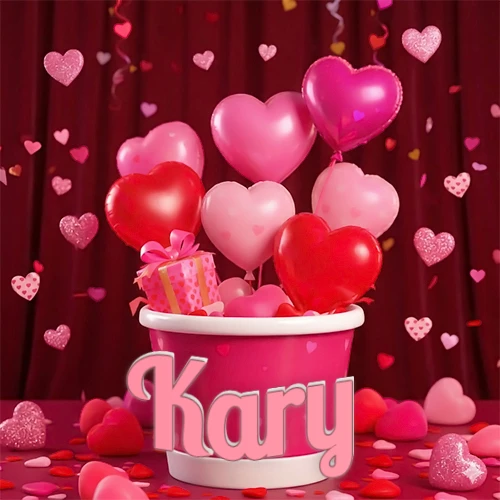 Cubo rosa lleno de globos en forma de corazones rojos y rosas, con pequeños regalos esparcidos sobre un fondo de cortinas de terciopelo rojo que sugieren un ambiente festivo cálido. El nombre Kary está escrito en el diseño. Cubo rosa lleno de globos en forma de corazones rojos y rosas, con pequeños regalos esparcidos sobre un fondo de cortinas de terciopelo rojo que sugieren un ambiente festivo cálido. El nombre Kary está escrito en el diseño.