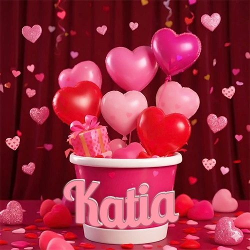Cubo rosa lleno de globos en forma de corazones rojos y rosas, con pequeños regalos esparcidos sobre un fondo de cortinas de terciopelo rojo que sugieren un ambiente festivo cálido. El nombre Katia está escrito en el diseño.