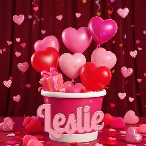 Cubo rosa lleno de globos en forma de corazones rojos y rosas, con pequeños regalos esparcidos sobre un fondo de cortinas de terciopelo rojo que sugieren un ambiente festivo cálido. El nombre Leslie está escrito en el diseño.