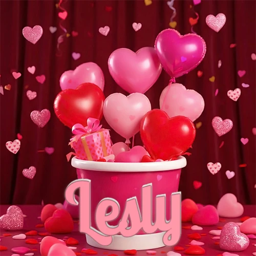 Cubo rosa lleno de globos en forma de corazones rojos y rosas, con pequeños regalos esparcidos sobre un fondo de cortinas de terciopelo rojo que sugieren un ambiente festivo cálido. El nombre Lesly está escrito en el diseño.