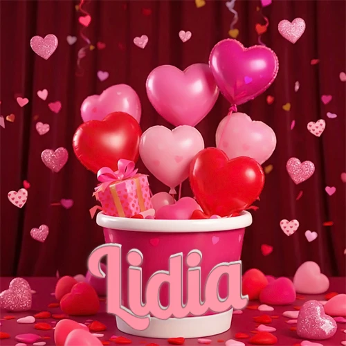 Cubo rosa lleno de globos en forma de corazones rojos y rosas, con pequeños regalos esparcidos sobre un fondo de cortinas de terciopelo rojo que sugieren un ambiente festivo cálido. El nombre Lidia está escrito en el diseño. Cubo rosa lleno de globos en forma de corazones rojos y rosas, con pequeños regalos esparcidos sobre un fondo de cortinas de terciopelo rojo que sugieren un ambiente festivo cálido. El nombre Lidia está escrito en el diseño.