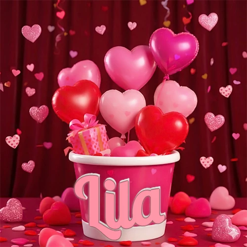 Cubo rosa lleno de globos en forma de corazones rojos y rosas, con pequeños regalos esparcidos sobre un fondo de cortinas de terciopelo rojo que sugieren un ambiente festivo cálido. El nombre Lila está escrito en el diseño.