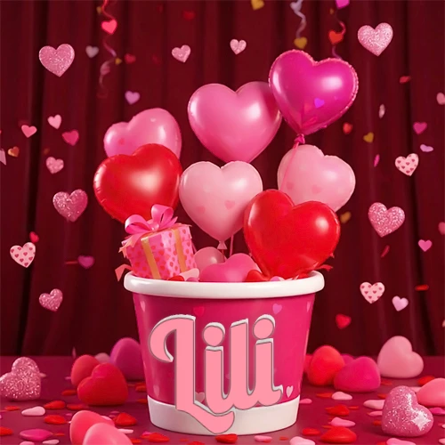 Cubo rosa lleno de globos en forma de corazones rojos y rosas, con pequeños regalos esparcidos sobre un fondo de cortinas de terciopelo rojo que sugieren un ambiente festivo cálido. El nombre Lili está escrito en el diseño.