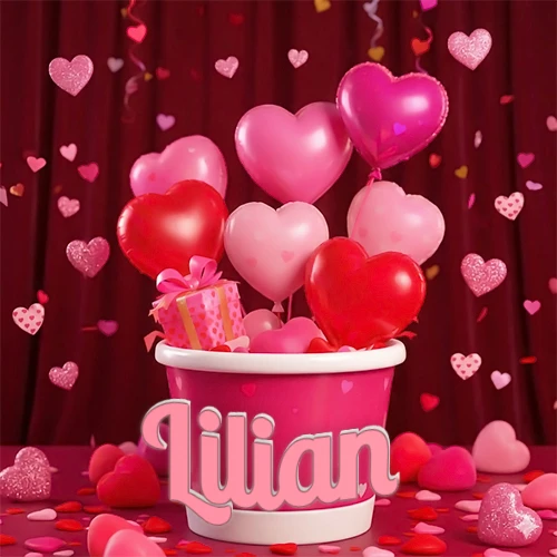 Cubo rosa lleno de globos en forma de corazones rojos y rosas, con pequeños regalos esparcidos sobre un fondo de cortinas de terciopelo rojo que sugieren un ambiente festivo cálido. El nombre Lilian está escrito en el diseño.
