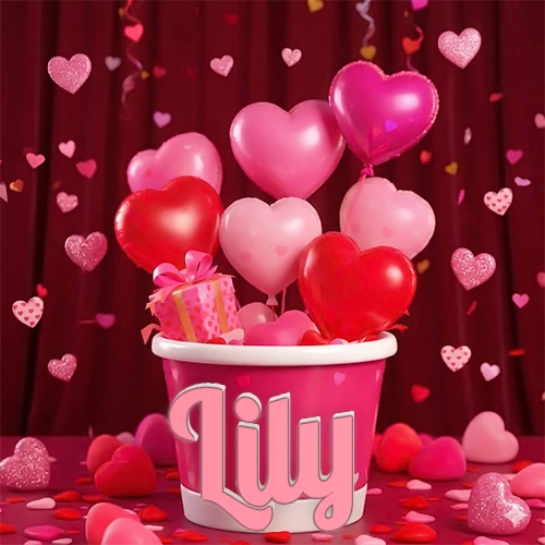 Cubo rosa lleno de globos en forma de corazones rojos y rosas, con pequeños regalos esparcidos sobre un fondo de cortinas de terciopelo rojo que sugieren un ambiente festivo cálido. El nombre Lily está escrito en el diseño.