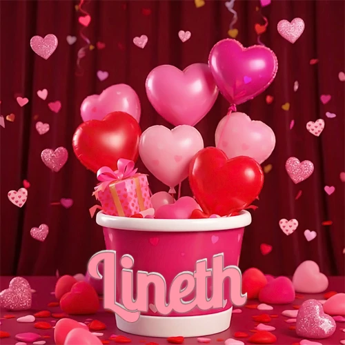 Cubo rosa lleno de globos en forma de corazones rojos y rosas, con pequeños regalos esparcidos sobre un fondo de cortinas de terciopelo rojo que sugieren un ambiente festivo cálido. El nombre Lineth está escrito en el diseño.