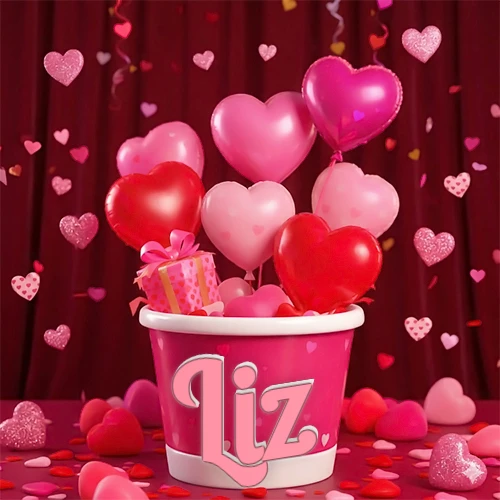 Cubo rosa lleno de globos en forma de corazones rojos y rosas, con pequeños regalos esparcidos sobre un fondo de cortinas de terciopelo rojo que sugieren un ambiente festivo cálido. El nombre Liz está escrito en el diseño.