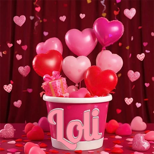 Cubo rosa lleno de globos en forma de corazones rojos y rosas, con pequeños regalos esparcidos sobre un fondo de cortinas de terciopelo rojo que sugieren un ambiente festivo cálido. El nombre Loli está escrito en el diseño.