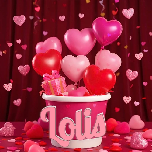 Cubo rosa lleno de globos en forma de corazones rojos y rosas, con pequeños regalos esparcidos sobre un fondo de cortinas de terciopelo rojo que sugieren un ambiente festivo cálido. El nombre Lolis está escrito en el diseño.