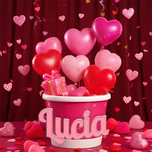 Cubo rosa lleno de globos en forma de corazones rojos y rosas, con pequeños regalos esparcidos sobre un fondo de cortinas de terciopelo rojo que sugieren un ambiente festivo cálido. El nombre Lucia está escrito en el diseño.