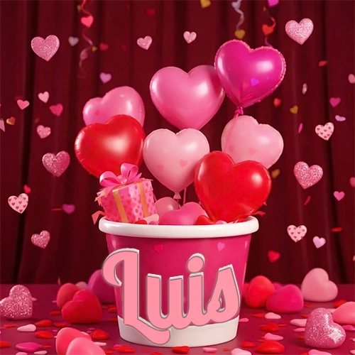 Cubo rosa lleno de globos en forma de corazones rojos y rosas, con pequeños regalos esparcidos sobre un fondo de cortinas de terciopelo rojo que sugieren un ambiente festivo cálido. El nombre Luis está escrito en el diseño. Cubo rosa lleno de globos en forma de corazones rojos y rosas, con pequeños regalos esparcidos sobre un fondo de cortinas de terciopelo rojo que sugieren un ambiente festivo cálido. El nombre Luis está escrito en el diseño.