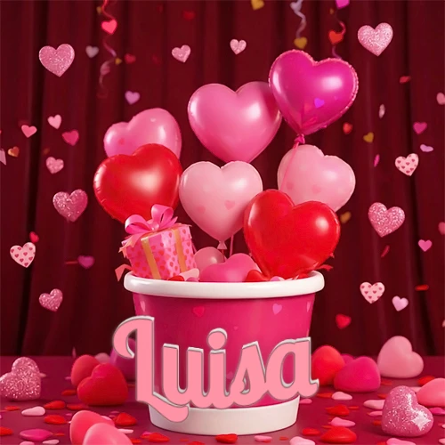 Cubo rosa lleno de globos en forma de corazones rojos y rosas, con pequeños regalos esparcidos sobre un fondo de cortinas de terciopelo rojo que sugieren un ambiente festivo cálido. El nombre Luisa está escrito en el diseño.
