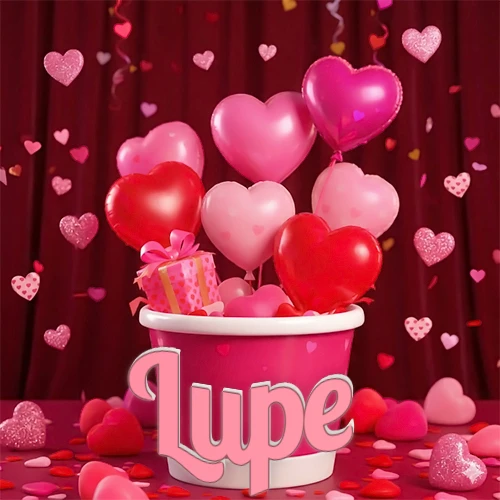 Cubo rosa lleno de globos en forma de corazones rojos y rosas, con pequeños regalos esparcidos sobre un fondo de cortinas de terciopelo rojo que sugieren un ambiente festivo cálido. El nombre Lupe está escrito en el diseño.