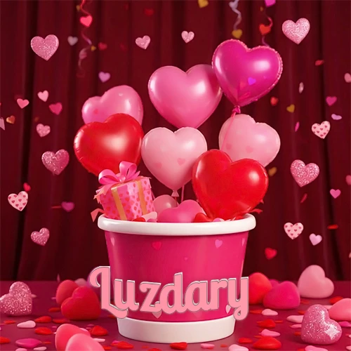 Cubo rosa lleno de globos en forma de corazones rojos y rosas, con pequeños regalos esparcidos sobre un fondo de cortinas de terciopelo rojo que sugieren un ambiente festivo cálido. El nombre Luzdary está escrito en el diseño. Cubo rosa lleno de globos en forma de corazones rojos y rosas, con pequeños regalos esparcidos sobre un fondo de cortinas de terciopelo rojo que sugieren un ambiente festivo cálido. El nombre Luzdary está escrito en el diseño.