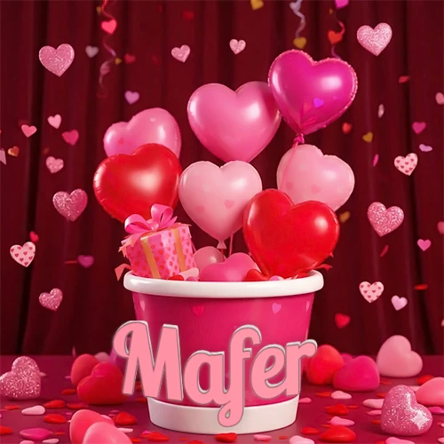 Cubo rosa lleno de globos en forma de corazones rojos y rosas, con pequeños regalos esparcidos sobre un fondo de cortinas de terciopelo rojo que sugieren un ambiente festivo cálido. El nombre Mafer está escrito en el diseño.