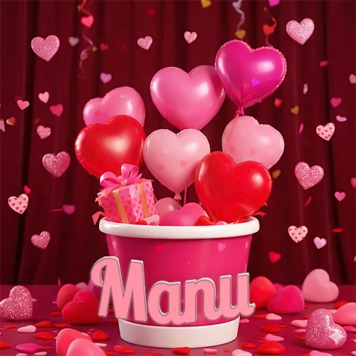Cubo rosa lleno de globos en forma de corazones rojos y rosas, con pequeños regalos esparcidos sobre un fondo de cortinas de terciopelo rojo que sugieren un ambiente festivo cálido. El nombre Manu está escrito en el diseño.