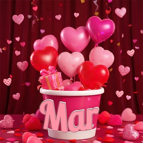 Cubo rosa lleno de globos en forma de corazones rojos y rosas, con pequeños regalos esparcidos sobre un fondo de cortinas de terciopelo rojo que sugieren un ambiente festivo cálido. El nombre Mar está escrito en el diseño.