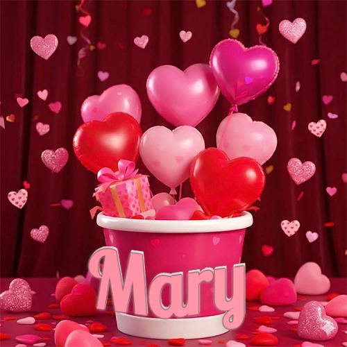 Cubo rosa lleno de globos en forma de corazones rojos y rosas, con pequeños regalos esparcidos sobre un fondo de cortinas de terciopelo rojo que sugieren un ambiente festivo cálido. El nombre Mary está escrito en el diseño.