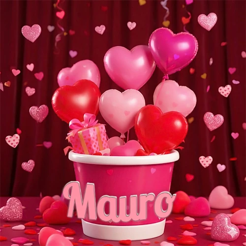 Cubo rosa lleno de globos en forma de corazones rojos y rosas, con pequeños regalos esparcidos sobre un fondo de cortinas de terciopelo rojo que sugieren un ambiente festivo cálido. El nombre Mauro está escrito en el diseño.