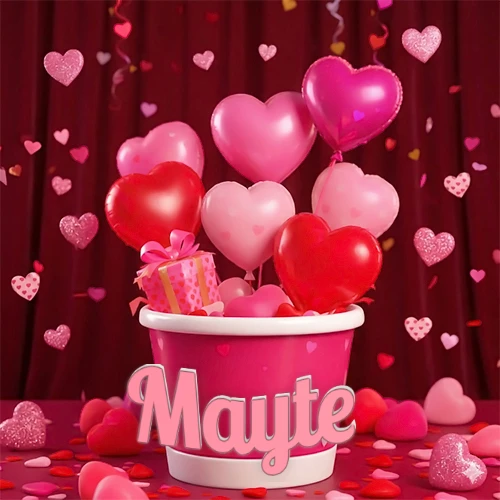 Cubo rosa lleno de globos en forma de corazones rojos y rosas, con pequeños regalos esparcidos sobre un fondo de cortinas de terciopelo rojo que sugieren un ambiente festivo cálido. El nombre Mayte está escrito en el diseño.