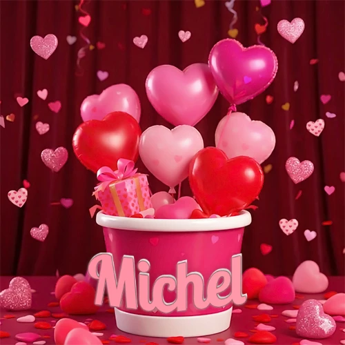 Cubo rosa lleno de globos en forma de corazones rojos y rosas, con pequeños regalos esparcidos sobre un fondo de cortinas de terciopelo rojo que sugieren un ambiente festivo cálido. El nombre Michel está escrito en el diseño. Cubo rosa lleno de globos en forma de corazones rojos y rosas, con pequeños regalos esparcidos sobre un fondo de cortinas de terciopelo rojo que sugieren un ambiente festivo cálido. El nombre Michel está escrito en el diseño.