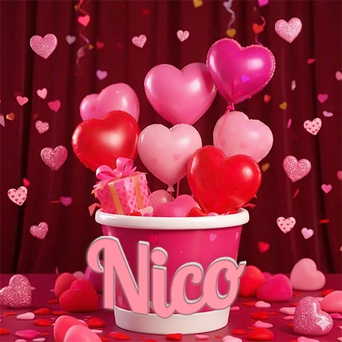Cubo rosa lleno de globos en forma de corazones rojos y rosas, con pequeños regalos esparcidos sobre un fondo de cortinas de terciopelo rojo que sugieren un ambiente festivo cálido. El nombre Nico está escrito en el diseño.