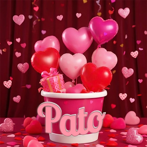 Cubo rosa lleno de globos en forma de corazones rojos y rosas, con pequeños regalos esparcidos sobre un fondo de cortinas de terciopelo rojo que sugieren un ambiente festivo cálido. El nombre Pato está escrito en el diseño.