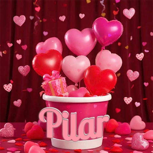 Cubo rosa lleno de globos en forma de corazones rojos y rosas, con pequeños regalos esparcidos sobre un fondo de cortinas de terciopelo rojo que sugieren un ambiente festivo cálido. El nombre Pilar está escrito en el diseño. Cubo rosa lleno de globos en forma de corazones rojos y rosas, con pequeños regalos esparcidos sobre un fondo de cortinas de terciopelo rojo que sugieren un ambiente festivo cálido. El nombre Pilar está escrito en el diseño.