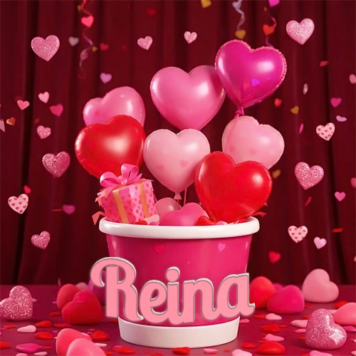 Cubo rosa lleno de globos en forma de corazones rojos y rosas, con pequeños regalos esparcidos sobre un fondo de cortinas de terciopelo rojo que sugieren un ambiente festivo cálido. El nombre Reina está escrito en el diseño.