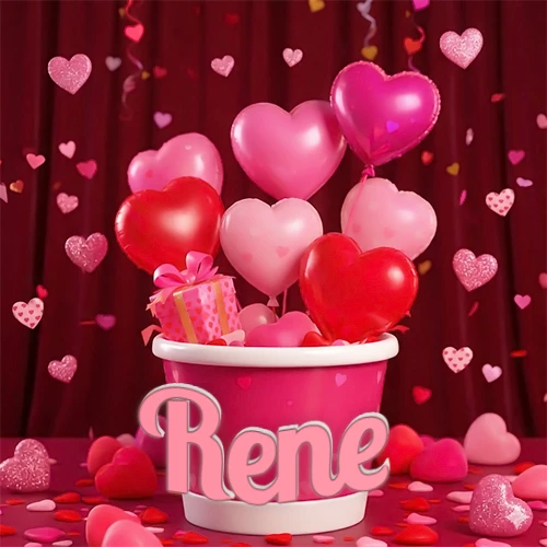 Cubo rosa lleno de globos en forma de corazones rojos y rosas, con pequeños regalos esparcidos sobre un fondo de cortinas de terciopelo rojo que sugieren un ambiente festivo cálido. El nombre Rene está escrito en el diseño. Cubo rosa lleno de globos en forma de corazones rojos y rosas, con pequeños regalos esparcidos sobre un fondo de cortinas de terciopelo rojo que sugieren un ambiente festivo cálido. El nombre Rene está escrito en el diseño.