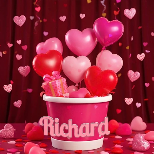 Cubo rosa lleno de globos en forma de corazones rojos y rosas, con pequeños regalos esparcidos sobre un fondo de cortinas de terciopelo rojo que sugieren un ambiente festivo cálido. El nombre Richard está escrito en el diseño.