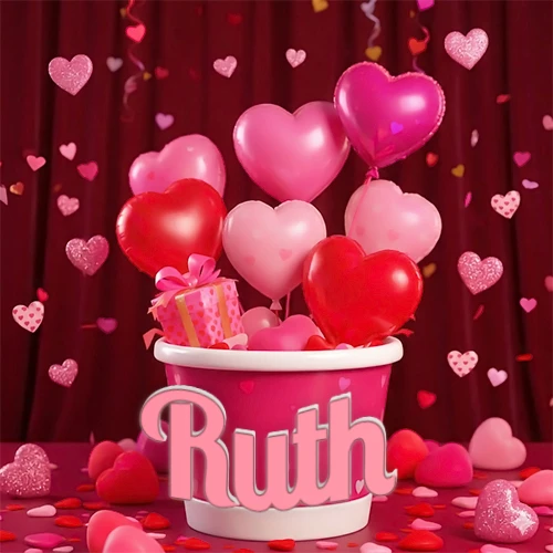 Cubo rosa lleno de globos en forma de corazones rojos y rosas, con pequeños regalos esparcidos sobre un fondo de cortinas de terciopelo rojo que sugieren un ambiente festivo cálido. El nombre Ruth está escrito en el diseño. Cubo rosa lleno de globos en forma de corazones rojos y rosas, con pequeños regalos esparcidos sobre un fondo de cortinas de terciopelo rojo que sugieren un ambiente festivo cálido. El nombre Ruth está escrito en el diseño.