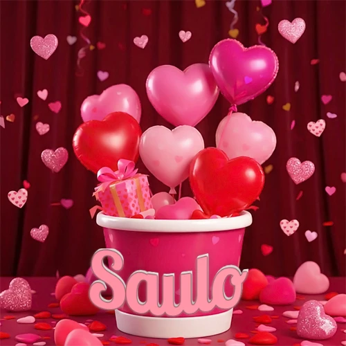 Cubo rosa lleno de globos en forma de corazones rojos y rosas, con pequeños regalos esparcidos sobre un fondo de cortinas de terciopelo rojo que sugieren un ambiente festivo cálido. El nombre Saulo está escrito en el diseño.