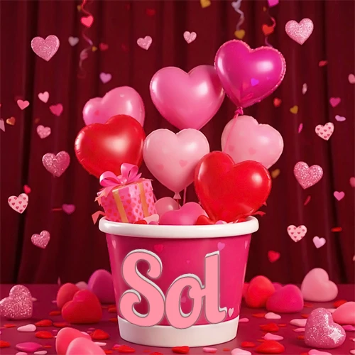 Cubo rosa lleno de globos en forma de corazones rojos y rosas, con pequeños regalos esparcidos sobre un fondo de cortinas de terciopelo rojo que sugieren un ambiente festivo cálido. El nombre Sol está escrito en el diseño. Cubo rosa lleno de globos en forma de corazones rojos y rosas, con pequeños regalos esparcidos sobre un fondo de cortinas de terciopelo rojo que sugieren un ambiente festivo cálido. El nombre Sol está escrito en el diseño.