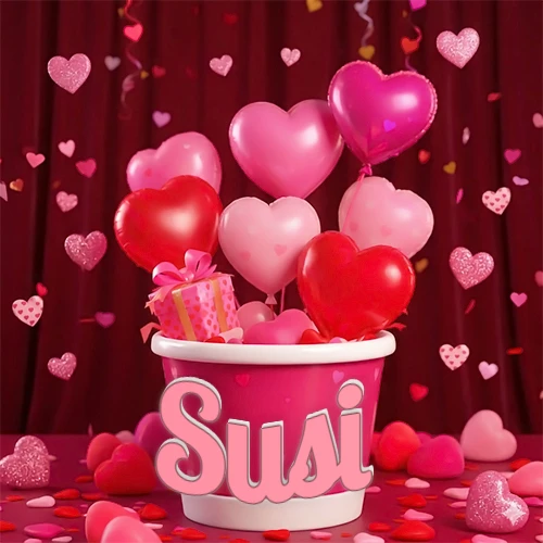Cubo rosa lleno de globos en forma de corazones rojos y rosas, con pequeños regalos esparcidos sobre un fondo de cortinas de terciopelo rojo que sugieren un ambiente festivo cálido. El nombre Susi está escrito en el diseño.