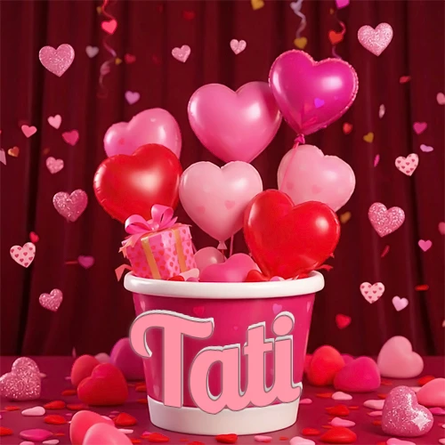 Cubo rosa lleno de globos en forma de corazones rojos y rosas, con pequeños regalos esparcidos sobre un fondo de cortinas de terciopelo rojo que sugieren un ambiente festivo cálido. El nombre Tati está escrito en el diseño. Cubo rosa lleno de globos en forma de corazones rojos y rosas, con pequeños regalos esparcidos sobre un fondo de cortinas de terciopelo rojo que sugieren un ambiente festivo cálido. El nombre Tati está escrito en el diseño.