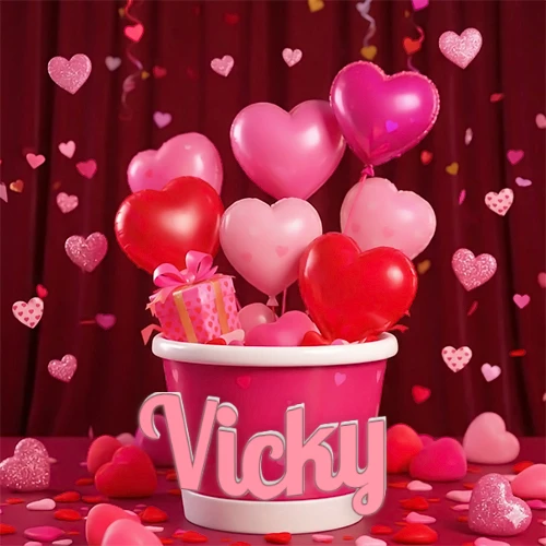 Cubo rosa lleno de globos en forma de corazones rojos y rosas, con pequeños regalos esparcidos sobre un fondo de cortinas de terciopelo rojo que sugieren un ambiente festivo cálido. El nombre Vicky está escrito en el diseño. Cubo rosa lleno de globos en forma de corazones rojos y rosas, con pequeños regalos esparcidos sobre un fondo de cortinas de terciopelo rojo que sugieren un ambiente festivo cálido. El nombre Vicky está escrito en el diseño.