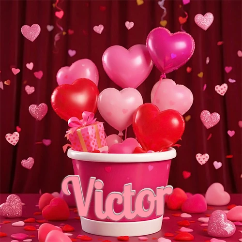 Cubo rosa lleno de globos en forma de corazones rojos y rosas, con pequeños regalos esparcidos sobre un fondo de cortinas de terciopelo rojo que sugieren un ambiente festivo cálido. El nombre Victor está escrito en el diseño.