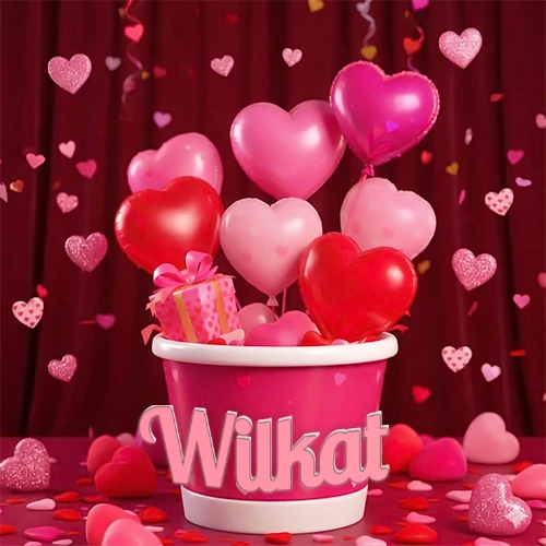 Cubo rosa lleno de globos en forma de corazones rojos y rosas, con pequeños regalos esparcidos sobre un fondo de cortinas de terciopelo rojo que sugieren un ambiente festivo cálido. El nombre Wilkat está escrito en el diseño.